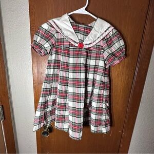 Vintage Girls Red & Green Plaid Sailor Dress with White Collar